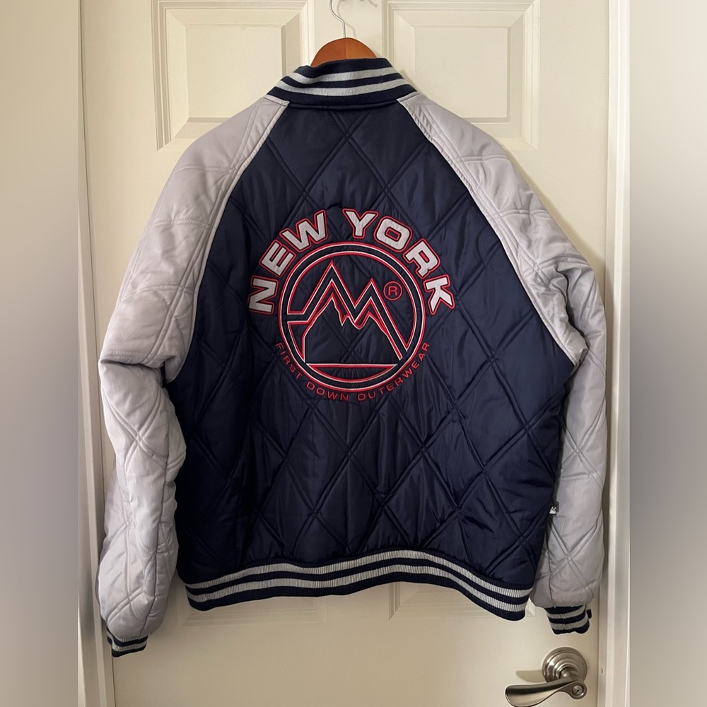 Men’s vintage First Down quilted bomber jacket New York 82 XL Winter rare